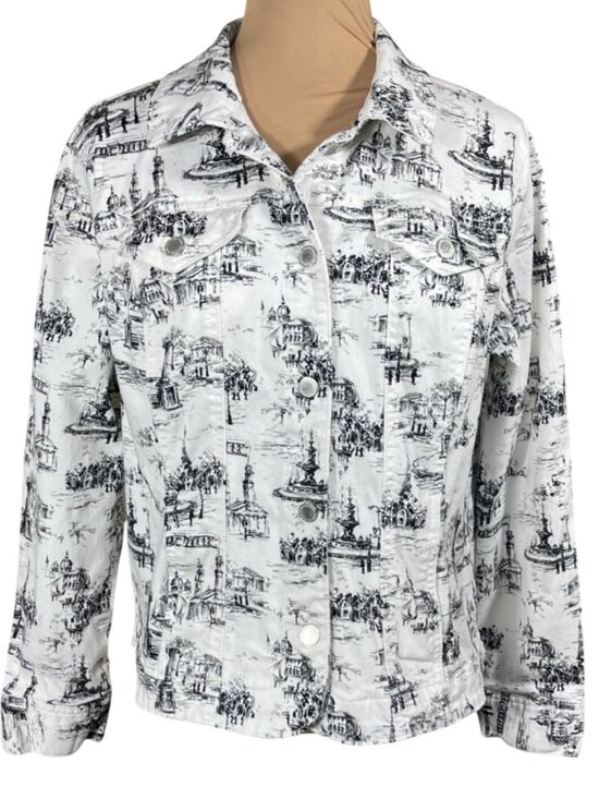 Charter Club Denim Jacket White Black Toile Size L Large Button - Picture 1 of 7